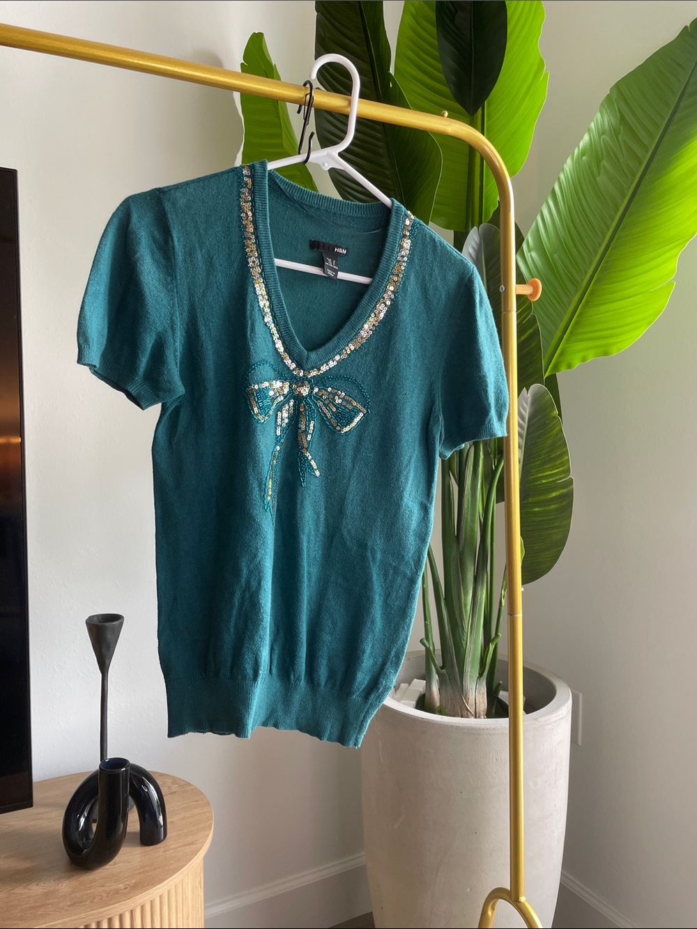 H&M Teal Short-Sleeve V-Neck Sweater with Bow and Sequin Trim
